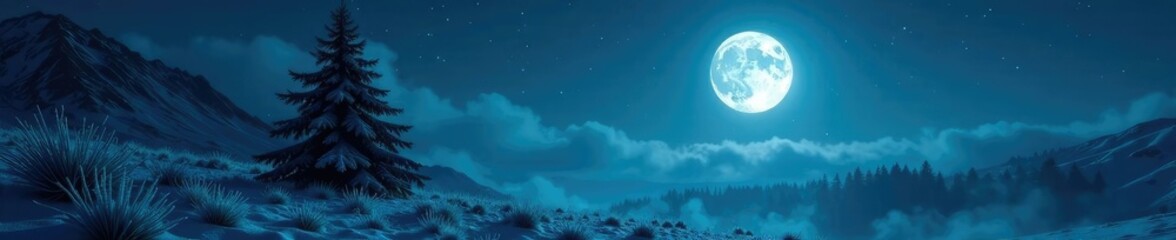 Fototapeta premium Haunted evergreen tree silhouetted against a full moonlit sky with frosty landscape, frosty, moon, night