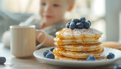 Photo of a stack of pancakes with blueberries and maple syrup on the side, accompanied by coffee in front of an adorable child who is about to attack them