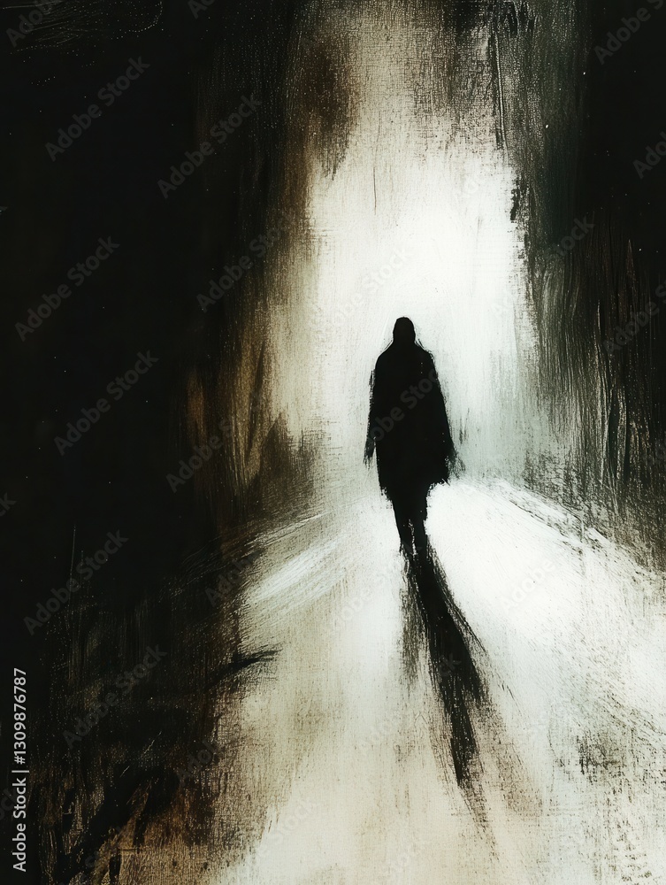 Aufkleber mysterious silhouette walking through a dark, fear inspiring blur of shadows and fading light in an 