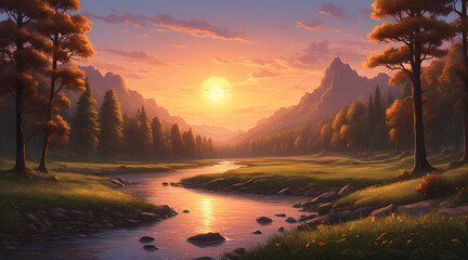 Golden Twilight Over a Serene River Valley Framed by Towering Pines
