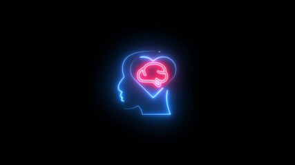 Glowing Neon Mental Health Icon Isolated on Black Background.  love brain and human head icon 