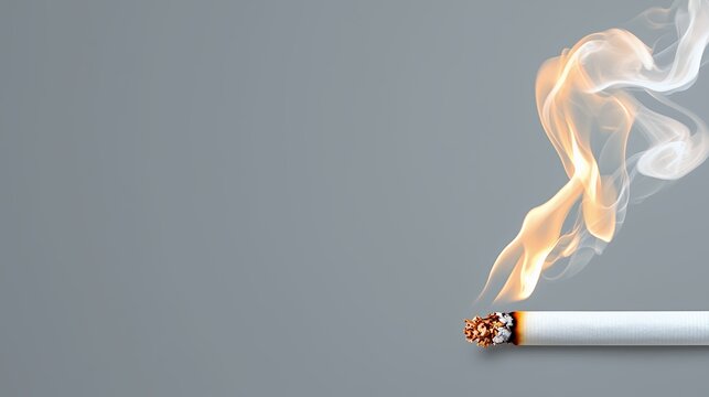 Burning Cigarette with Grey Background and Wisps of Smoke Rising in Soft Light - Powered by Adobe