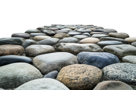 Cobblestone Path Ahead - A perspective view of a path paved with smooth, gray and brown cobblestones, receding into the distance against a black background