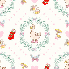 Retro spring silly goose with Bow groovy pattern aesthetic easter pattern seamless Coquette Clipart, Y2K Aesthetic, Bows, Vintage 2000s Nostalgia, Pastel Pink, Whimsical Y2K Coquette with Bow Clipart