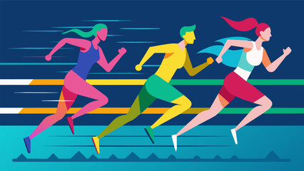 A blur of colors as the runners sprint towards the final stretch their energy reserves almost depleted after conquering multiple obstacles in the. Vector illustration