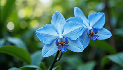 Blue orchid with dewdrops in vibrant green foliage, nature's beauty
