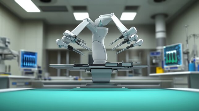 Surgical robot performing procedure in modern operating room with equipment