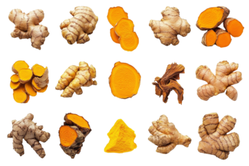 Turmeric Root and Powder Collection - High-resolution images showcasing various forms of turmeric root, from whole rhizomes to sliced and powdered turmeric. Ideal for culinary, health