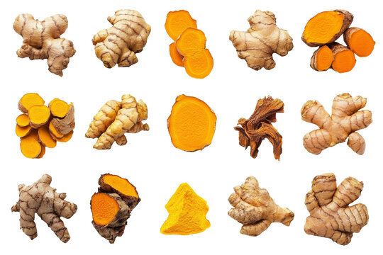 Turmeric Root and Powder Collection - High-resolution images showcasing various forms of turmeric root, from whole rhizomes to sliced and powdered turmeric. Ideal for culinary, health