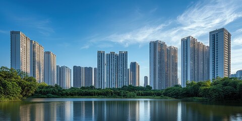 New residential district, modern high-rise buildings with nature integration