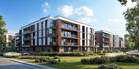 Obraz premium Newly built modern apartments, sunny blue sky above