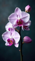 Dark orchid blooms with violet dots against muted grey background, whiteflowers, purplegrapes, darkbackground