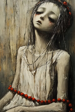 Doll-like girl, melancholic mood, sitting quietly, on textured wooden background