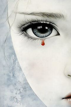 Blood tear from doll's eye, emotional mood, close-up, with gray copy space
