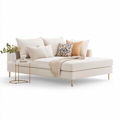 A plush daybed in cream fabric with brass legs, styled with patterned throw pillows , isolated on a white background