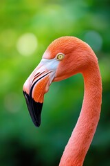 Pink flamingo stands gracefully in a lush green habitat creating a vibrant display of nature in the wild