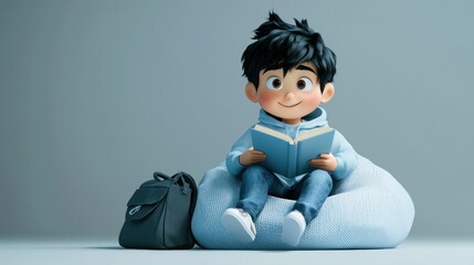 Obraz premium Cartoon boy reading book on cloud beanbag, backpack beside him