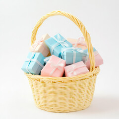 A wicker basket filled with pastel-colored gift boxes, elegantly tied with delicate white ribbons, against a white background.