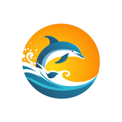 Obraz premium Abstract Dolphin Logo with Sea and Waves Vector Illustration