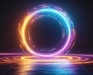 Neon circular light frame with vibrant orange and blue hues, showcasing a dark central space ideal for text or logo placement, symbolizing energy, technology, and futuristic concepts