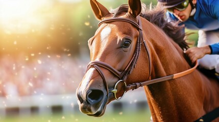 Obraz premium Horse racing competition in a vibrant outdoor setting with a skilled jockey in action