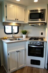Stainless steel appliances installed in a compact kitchen area, sink, RV kitchen, stove