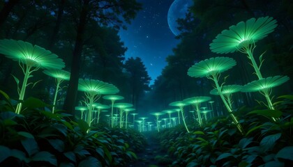 Fototapeta premium Starlit Cyberforest: A Futuristic Vista of Bioluminescent Trails and Celestial Glow