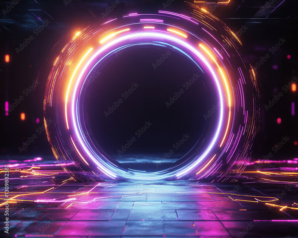 Aufkleber Neon circle frame with purple and orange glowing lines on dark background, creating a futuristic showcase ideal for product display or text placement