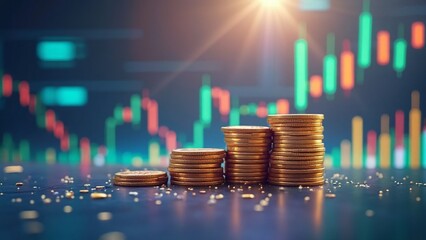Stacks of Coins with Financial Charts in the Background