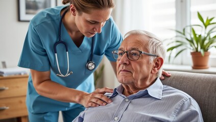 Fototapeta premium Healthcare professional caring for elderly man in home setting 