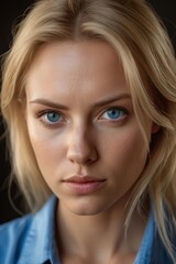 Fototapeta premium blond woman with blue eyes and blue shirt looking at camera