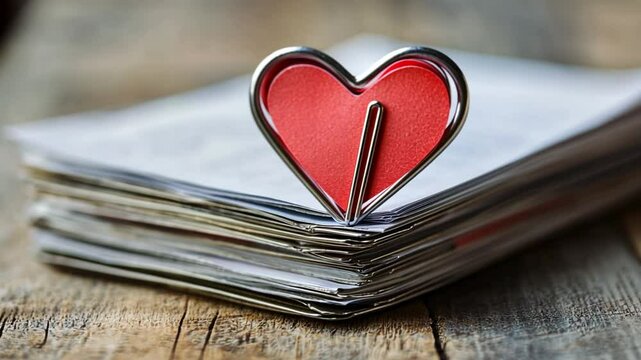 Heart-shaped clip holding stack of letters, conveying message of love and care