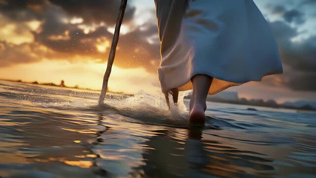 Low angle view of Moses Walking a the sea and holding a magic wand. Perfect for The Passover Jewish Holiday Videos.