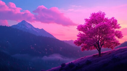 Vibrant Pink Tree Against Majestic Mountain Landscape at Dusk