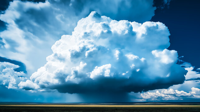 A massive anvil-shaped cumulonimbus cloud dominating the sky, Pre-storm atmosphere with distant rolling clouds.