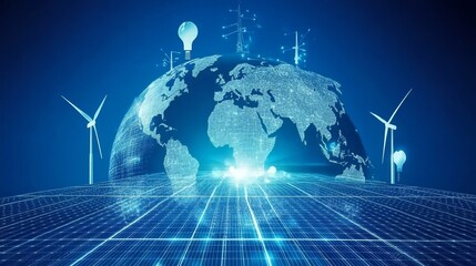 Renewable energy sources powering the globe on a blue grid background