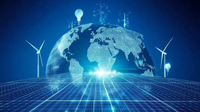Renewable energy sources powering the globe on a blue grid background