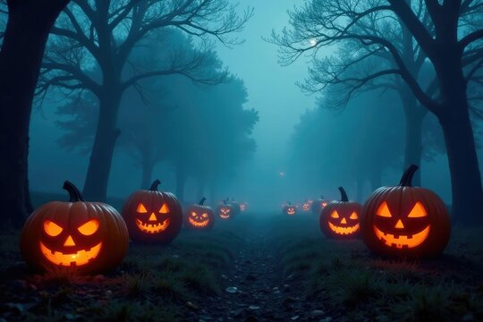Foggy graveyard with glowing jack o lanterns and mist, eerie, halloween