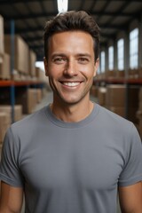 Obraz premium smiling man in a warehouse with boxes on shelves