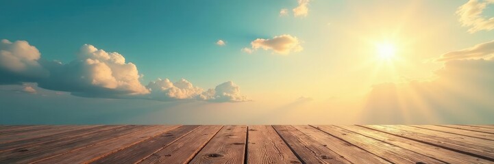 Obraz premium Gradient sky with wispy clouds and scattered dust motes, weathered wood, atmospheric conditions