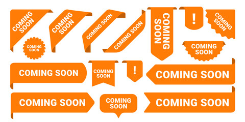 Coming Soon promo banners, stickers and tag labels. Vector isolated orange banners and corner labels of coming soon for shop or store ribbon signs