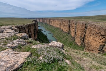 Fototapeta premium Canyon River Valley Vista, Steep Cliffs, Prairie Landscape