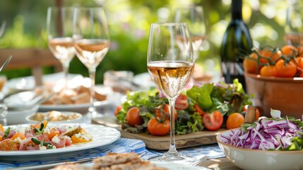 a table topped with plates of food and glasses of wine next to a bowl of salad and a glass of wine on top of a table.