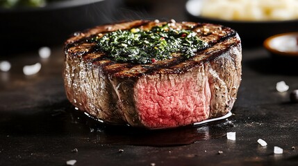 Seared Steak Herb Topping Dark Kitchen Background Food Photography