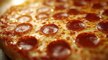 Delicious pepperoni pizza close-up, kitchen setting, sunset background, food photography