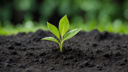 Fototapeta premium Resilient Young Green Plant Emerging from Black Soil: Nature's Tenacity on Display