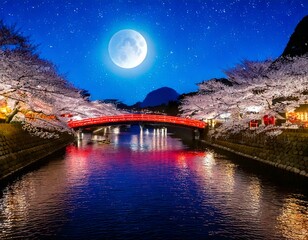 Fototapeta premium 夜桜がライトアップされた日本の川沿い、赤い橋がかかる風景、幻想的な雰囲気、月が輝く夜空