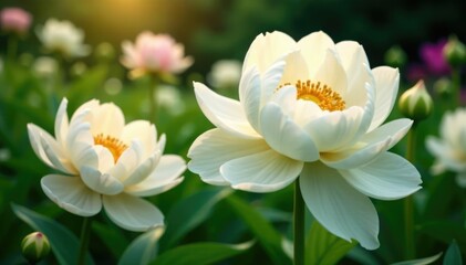 Fototapeta premium Large white peony flowers blooming in a garden, garden, lush