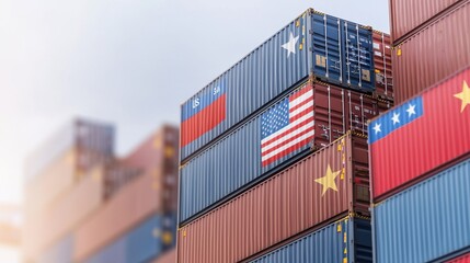Fototapeta premium Economic Battle USA-China Trade War and Global Crisis, Shipping containers with international flags stacked together.