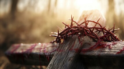 Crown of thorns on wooden cross, forest background, religious imagery, historical event, teaching aid